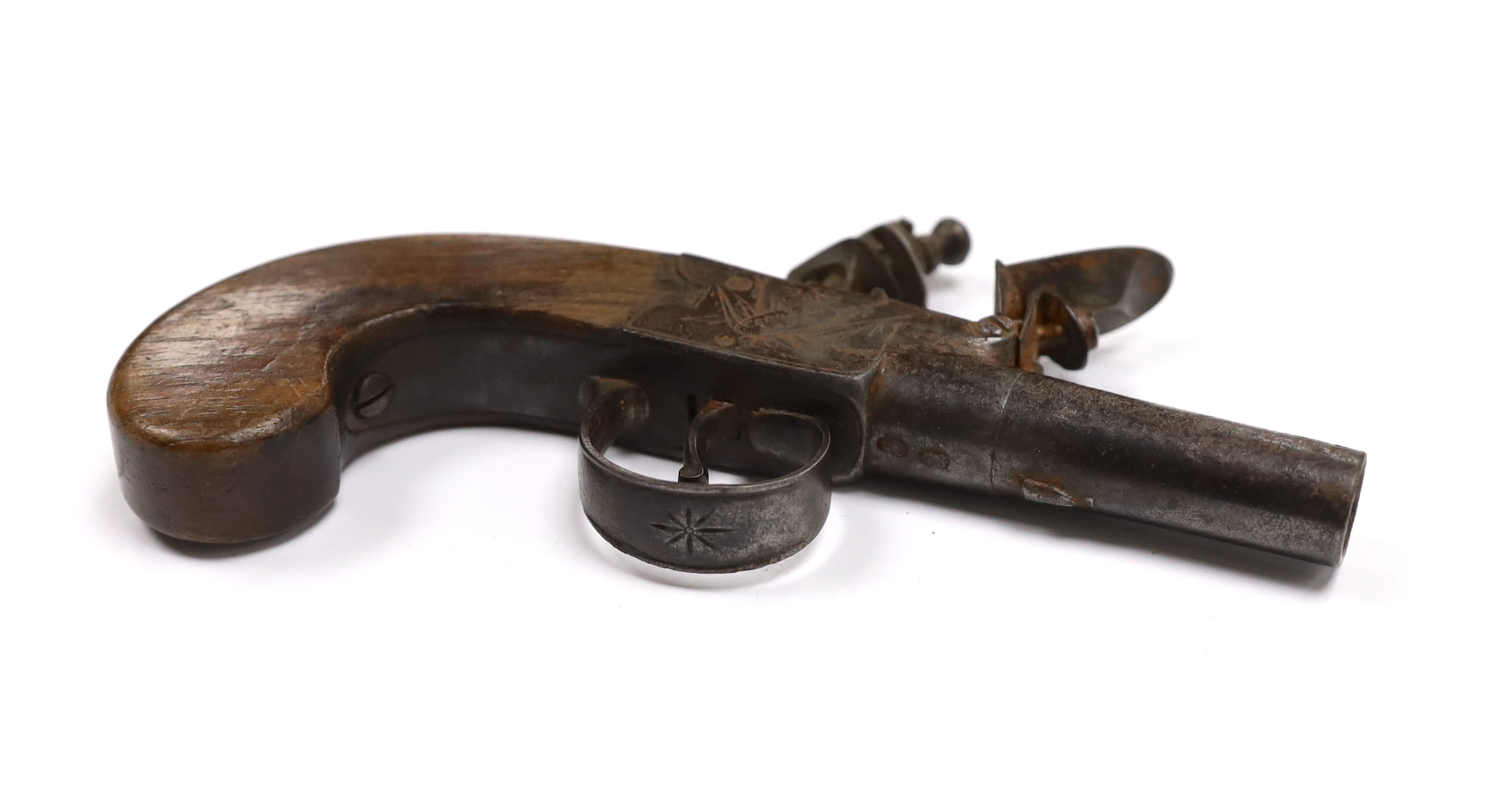 A flintlock pocket pistol, c.1830, frame engraved with trophies of flags, maker Stevens, Crooked Lane